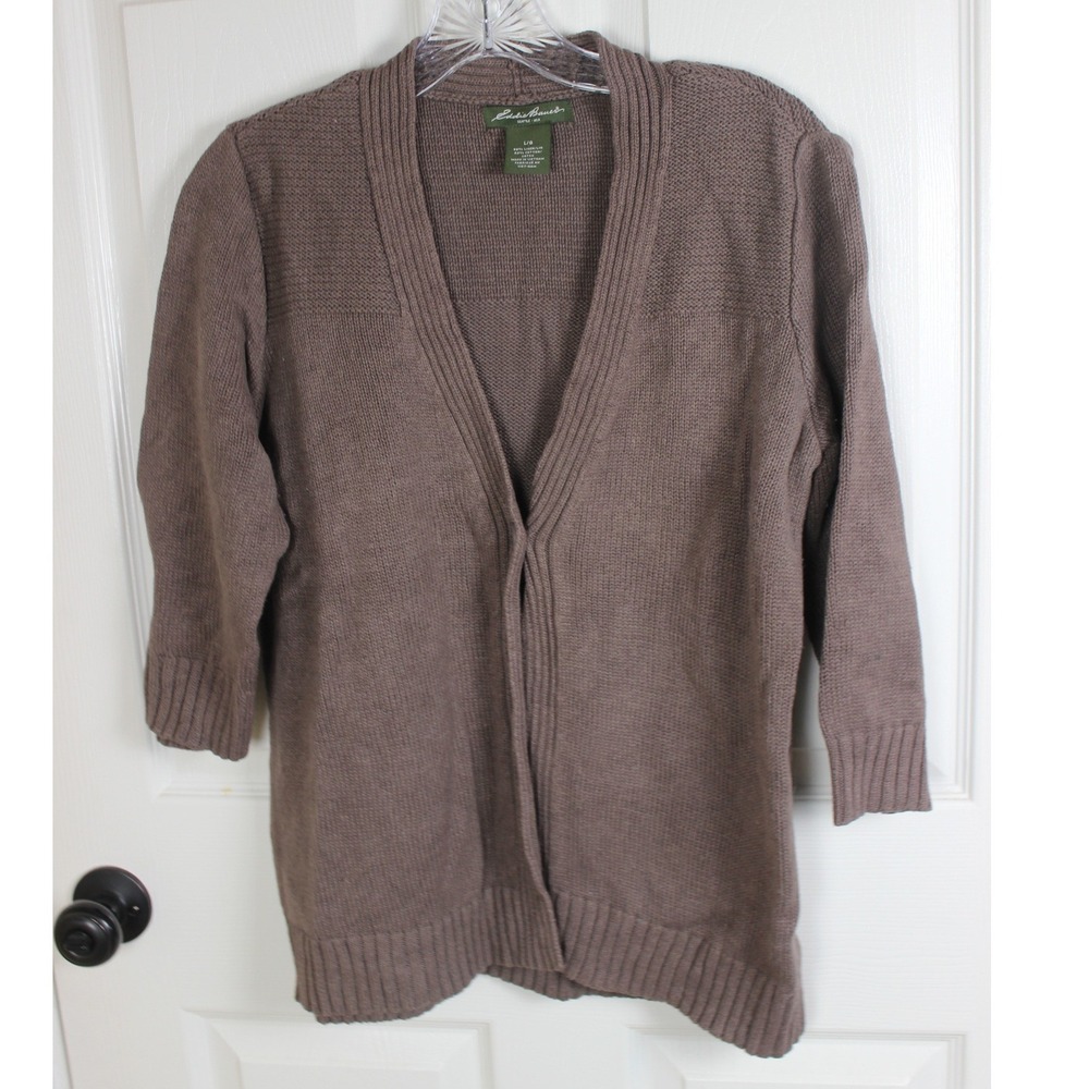 Eddie Bauer Cardigan Sweater Womens L G Brown 3/4 Sleeve Linen‎ Cotton Knit